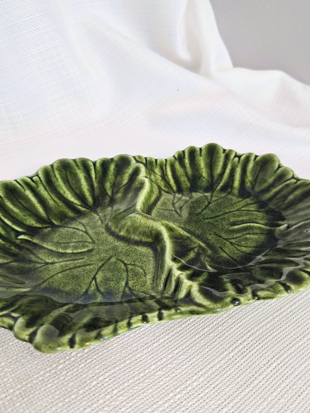 Vtg Woodfield Cabbage Serving Dish 2 Section Green Glaze Steubenville Pottery
